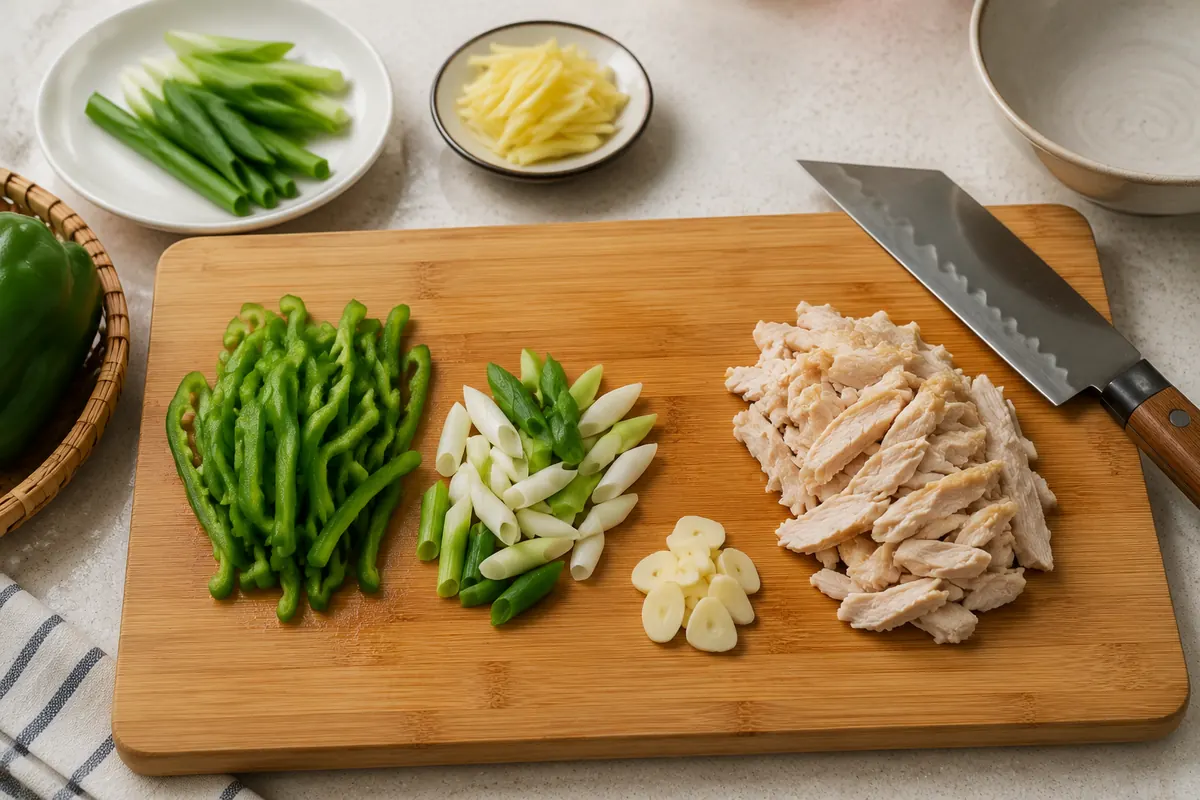青椒与鸡肉分切准备示意图