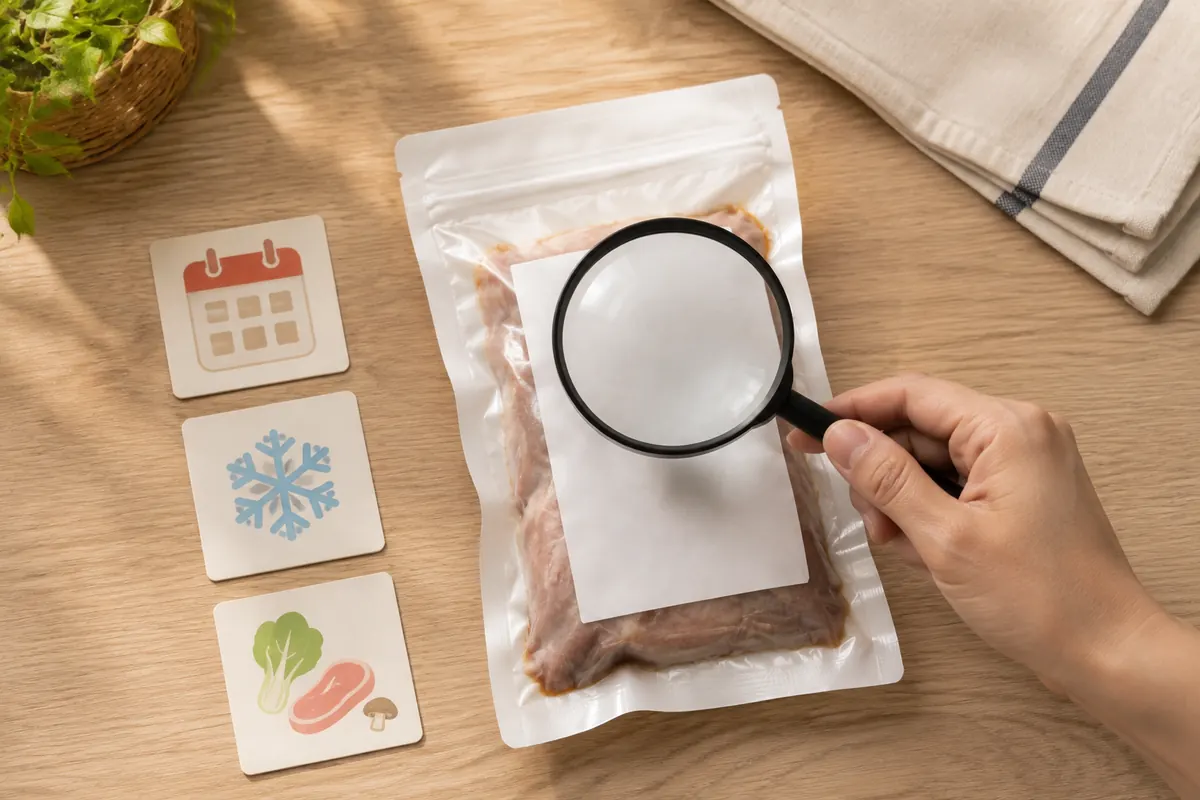 选购食品时核对包装信息的示意图