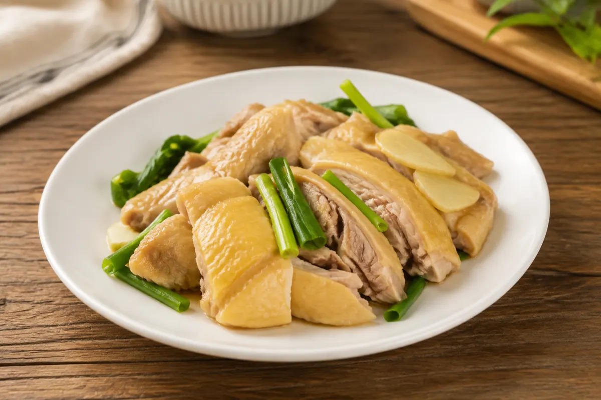 加热后切块装盘的鸡肉菜肴示意图
